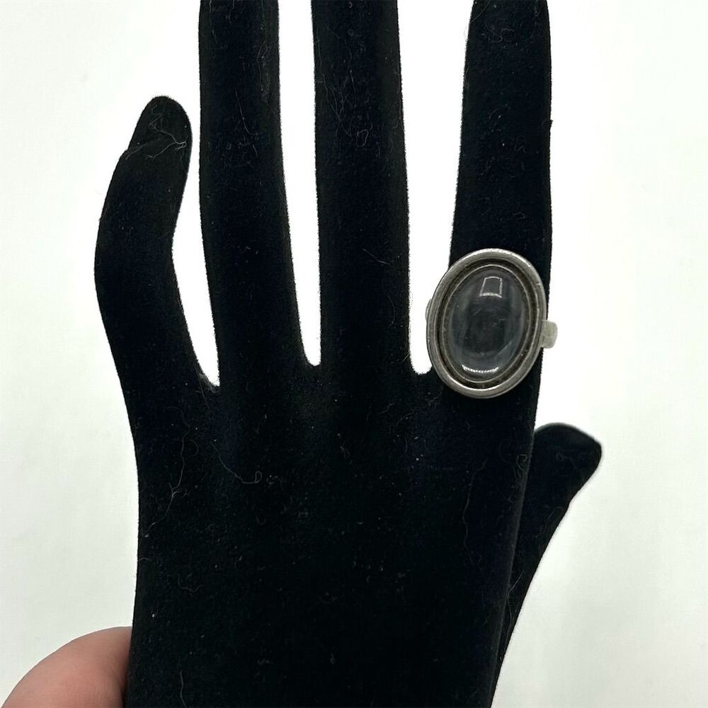 Vintage Silver Toned Oval Bezel Enamel Ring Unisex Retro Size 6